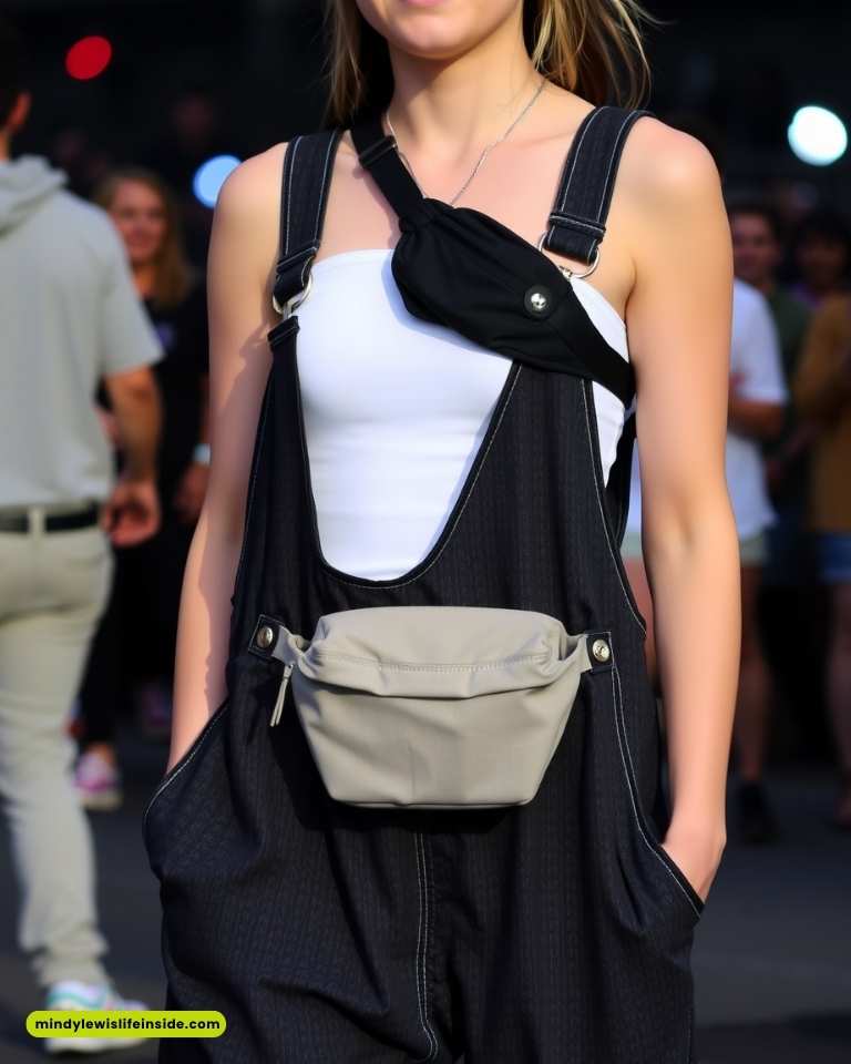 A woman in a white top and black overalls with a beige fanny pack and black chest bag stands casually. The background is a blurred crowd, creating a lively outdoor atmosphere.