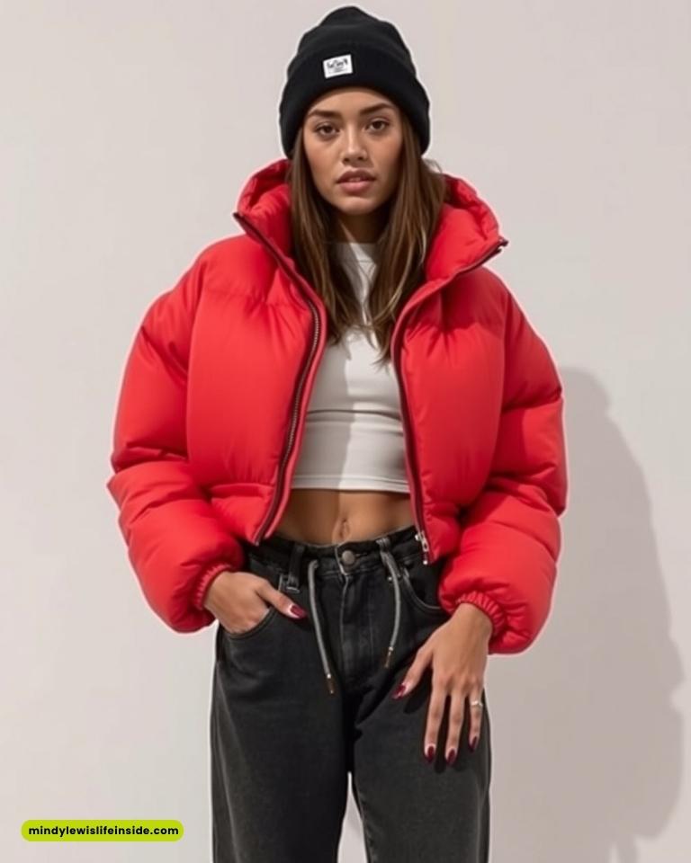 A person wearing a bright red puffer jacket, black beanie, white crop top, and black pants poses confidently against a plain background. Urban, stylish vibe.