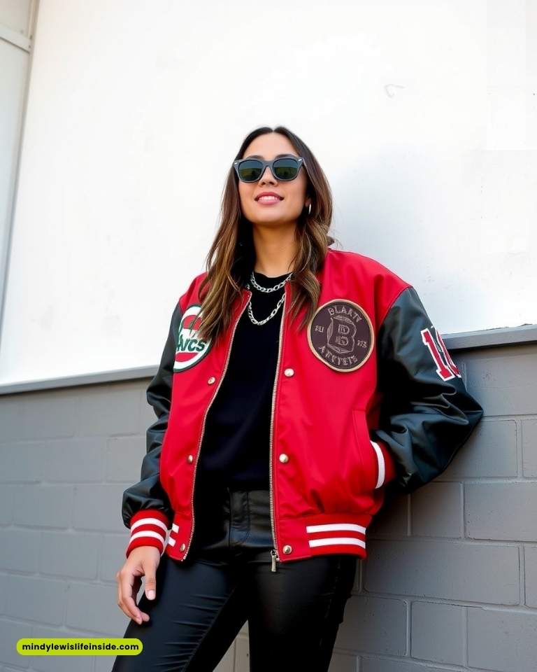 Woman in a red varsity jacket and black sunglasses leans against a gray wall, exuding a cool, confident vibe on a sunny day.