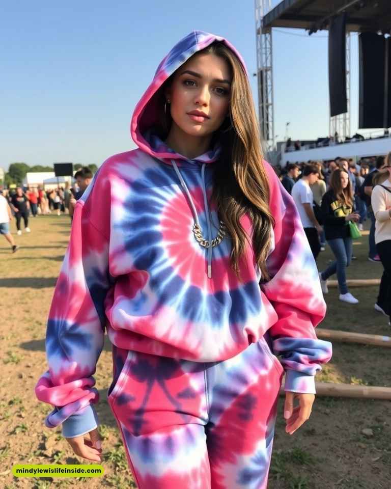 Young woman in a colorful tie-dye hoodie and pants stands confidently at an outdoor festival. The crowd in the background enjoys the sunny day.