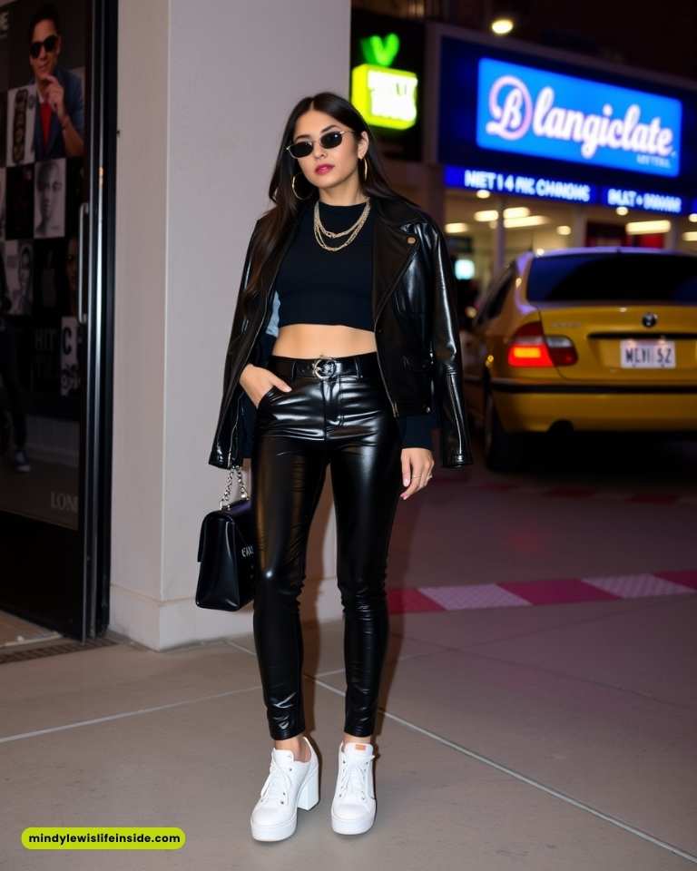 Stylish woman in black leather jacket and pants, crop top, sunglasses, and white platform sneakers, stands confidently on a city street at night.