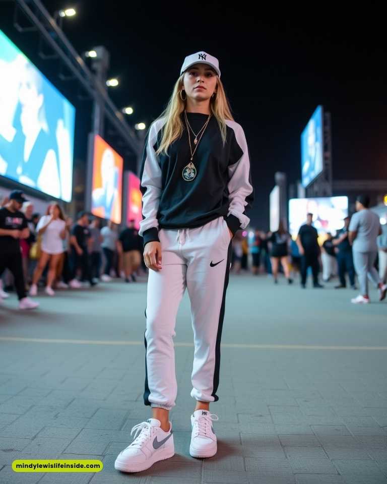 Young woman in a sporty outfit and cap stands confidently on a bustling street at night. Neon lights and a crowd enhance the urban, energetic vibe.