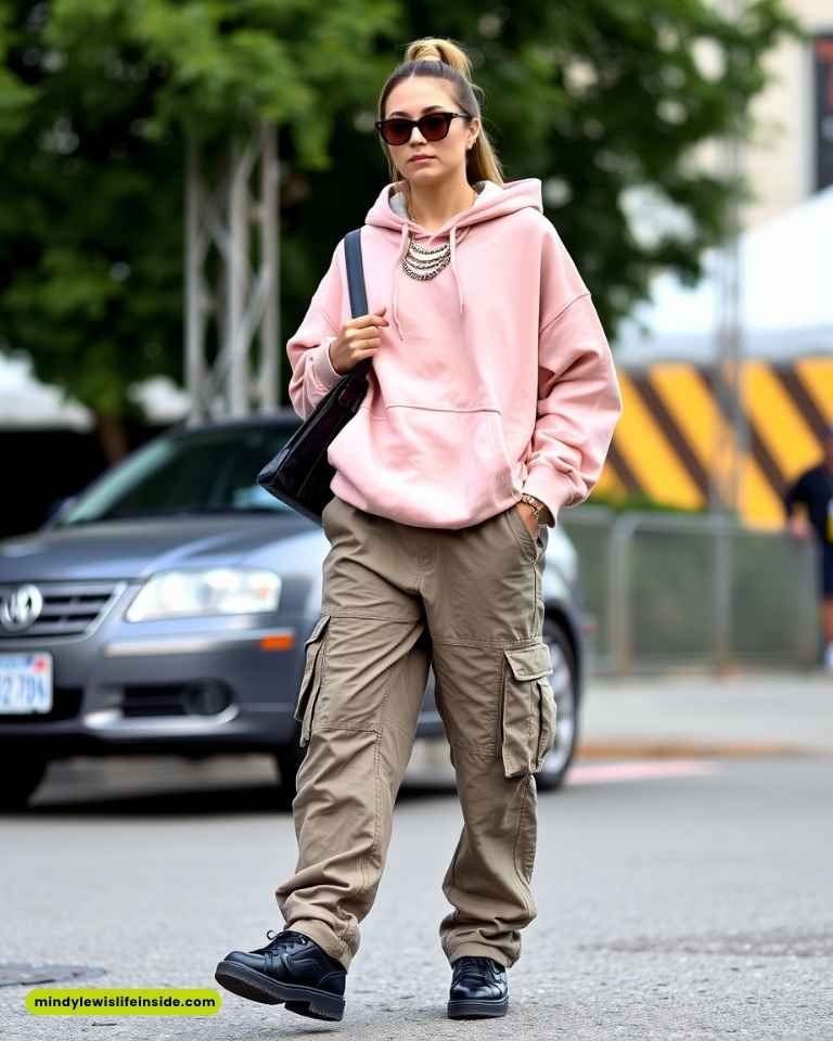 A person in a pink hoodie and khaki cargo pants walks on a city street. They wear sunglasses, black shoes, and carry a black bag, exuding a casual and confident vibe.