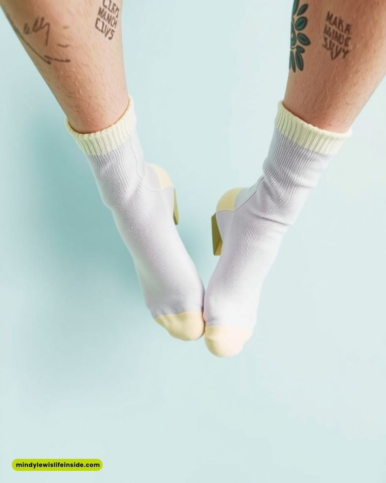 A person’s feet in white socks and yellow-heeled clear shoes, posed creatively against a light blue background. Visible tattoos add personality.