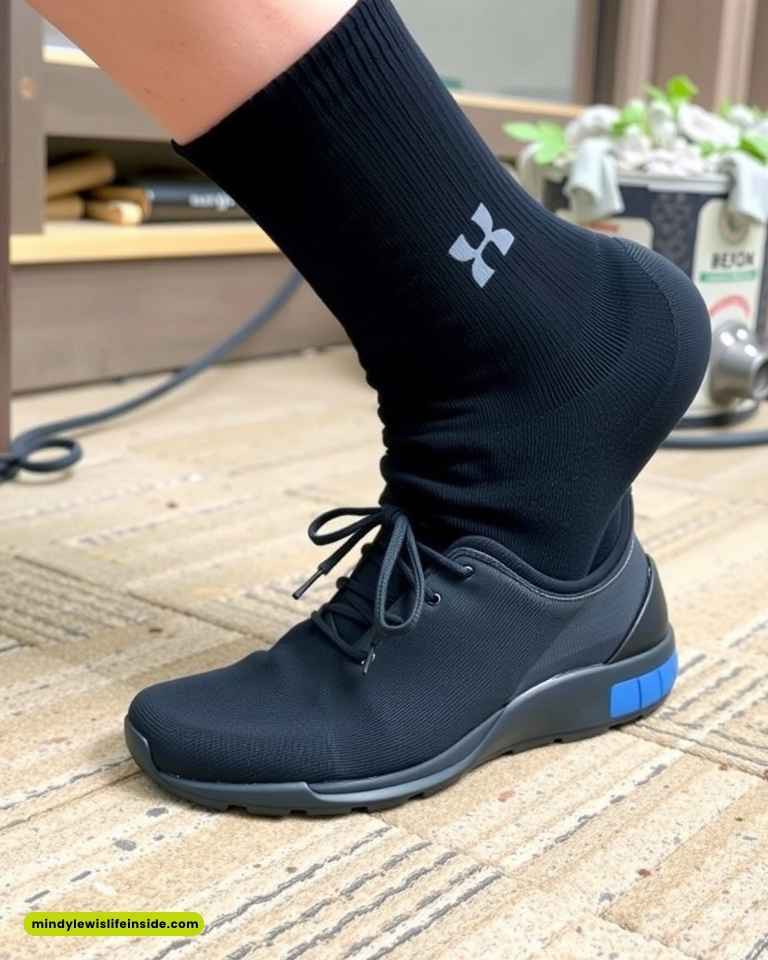 Close-up of a foot wearing a black athletic shoe with a blue accent and black sock, positioned on a beige textured floor. Background is blurred, suggesting indoors.