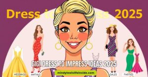 Illustration of a smiling woman with stylish short blonde hair, surrounded by four women in various colorful dresses on a purple background. Text overlay: "Gigi Dress to Impress Ideas 2025."