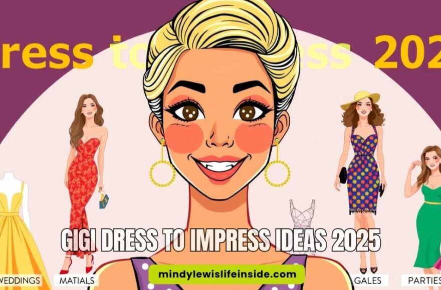 Illustration of a smiling woman with stylish short blonde hair, surrounded by four women in various colorful dresses on a purple background. Text overlay: "Gigi Dress to Impress Ideas 2025."