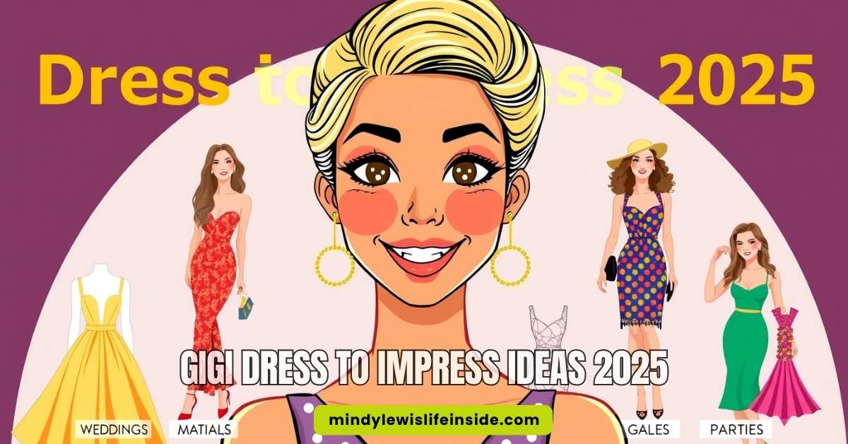 Illustration of a smiling woman with stylish short blonde hair, surrounded by four women in various colorful dresses on a purple background. Text overlay: "Gigi Dress to Impress Ideas 2025."