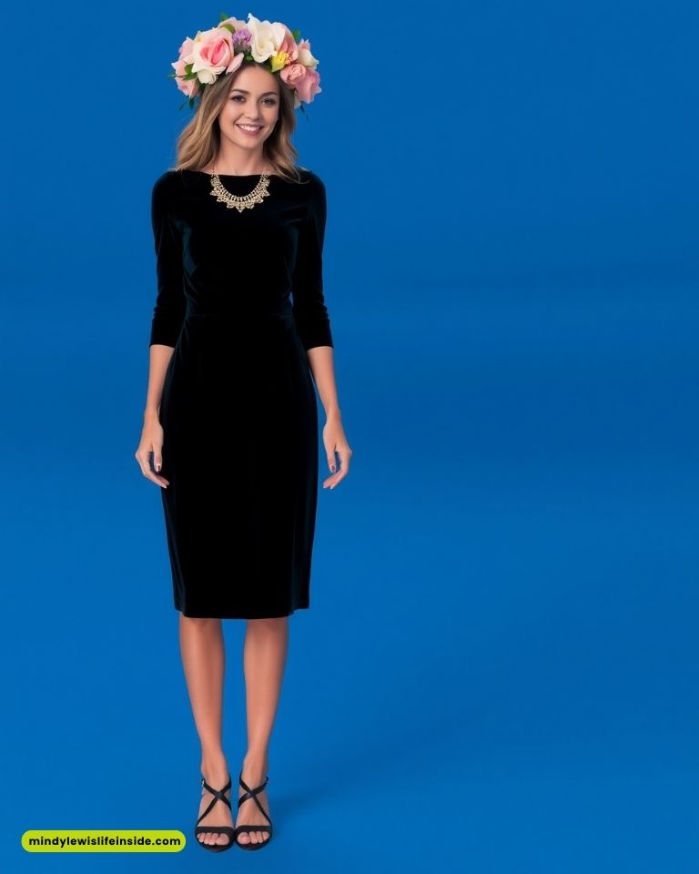 Woman in a stylish navy suit and skirt with geometric earrings, holding a brown handbag. Her pose suggests movement, conveying elegance and confidence.