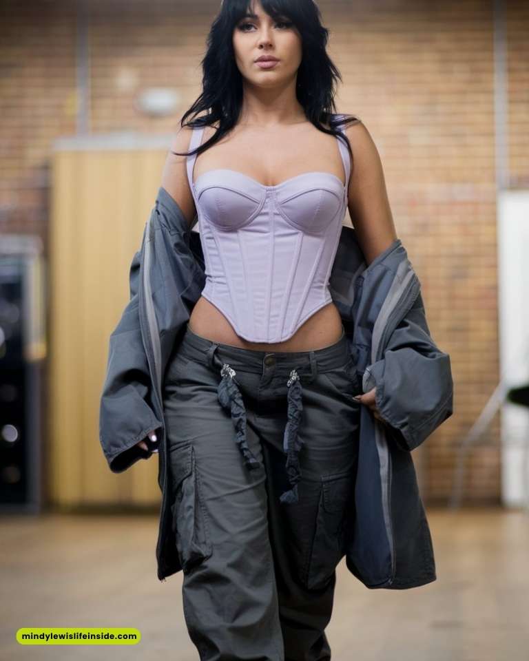 Woman with dark hair in a lilac corset and grey cargo pants, confidently walking indoors with a grey jacket hanging off her shoulders. Background is blurred.