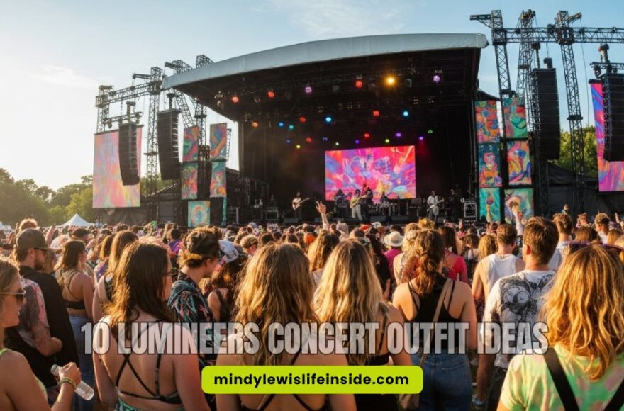 A lively outdoor concert with a band playing on a large stage. The crowd is diverse, enjoying the colorful visuals on screen under a sunny sky.