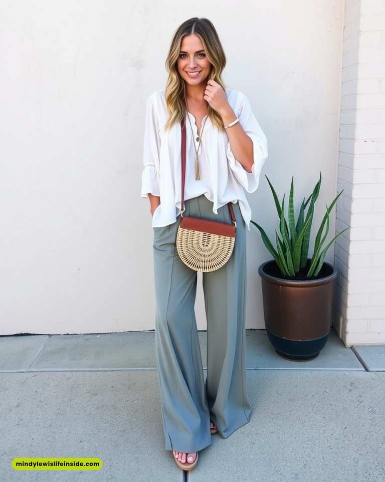 Woman in a white blouse and gray wide-leg pants smiles confidently outdoors. She holds a woven round bag and stands beside a potted plant against a cream wall.