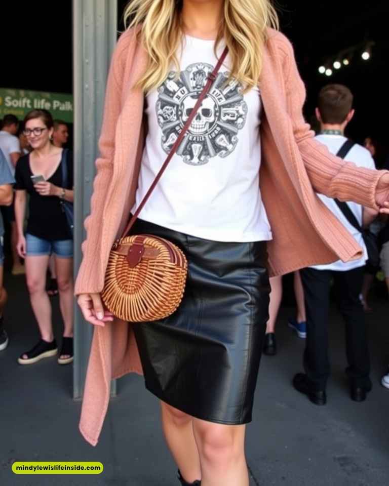 A woman in a pink cardigan, skull-printed white T-shirt, black leather skirt, and wicker handbag walks confidently at a casual event with onlookers.