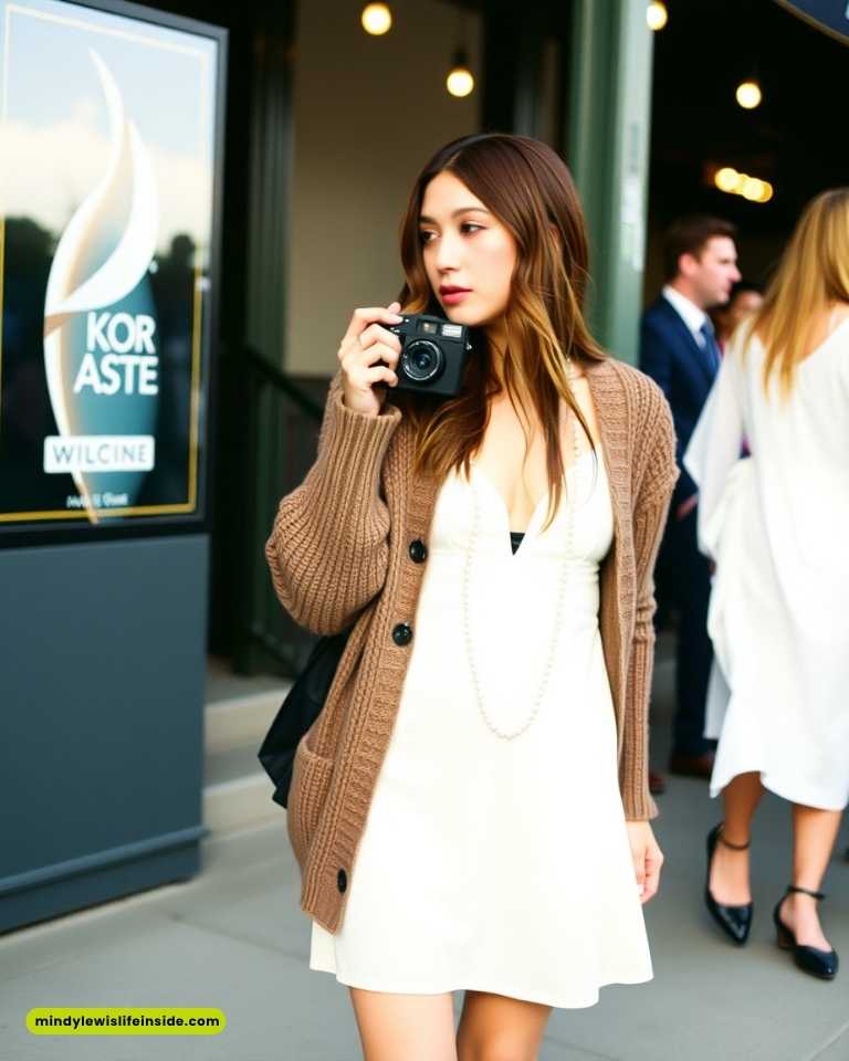 Young woman with a camera in a brown knit cardigan and white dress stands outside a building, conveying curiosity and elegance.