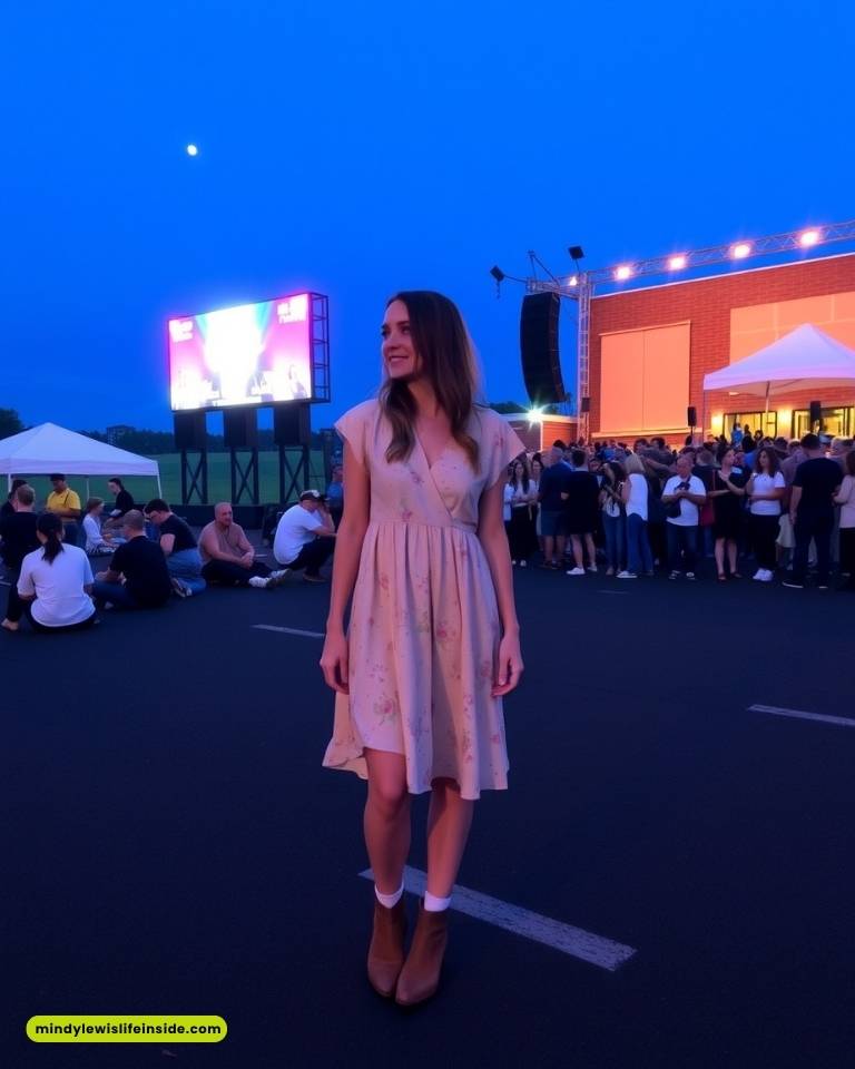 Woman in a floral dress stands smiling at an outdoor event during evening. The sky is deep blue, with a lit stage and crowd in the background. Energetic atmosphere.