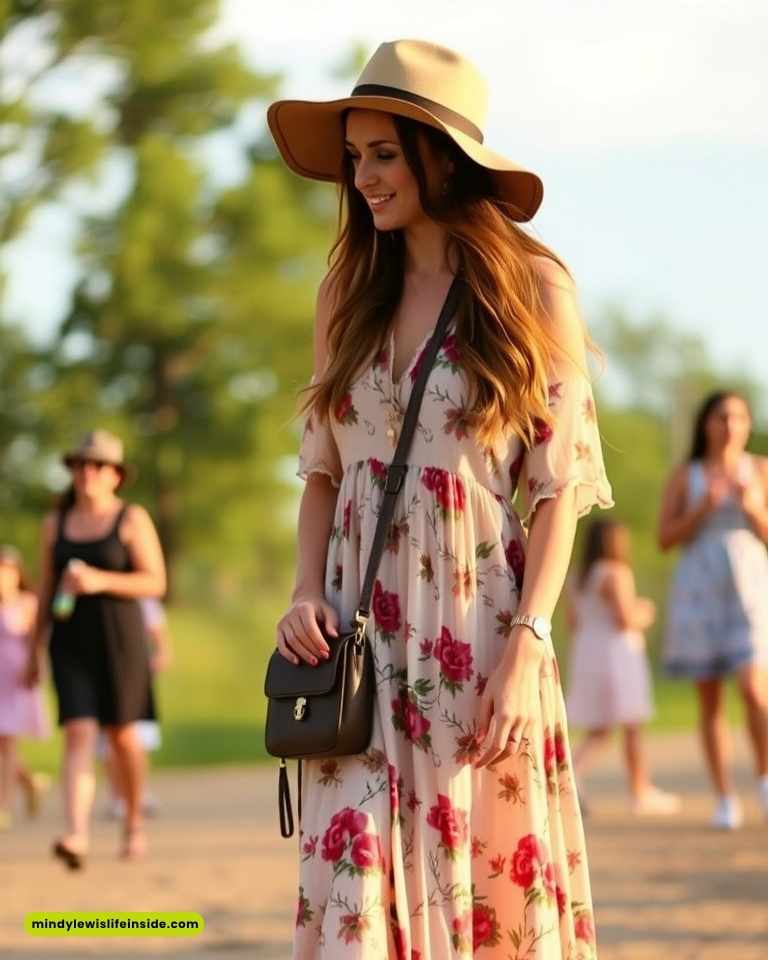 Woman in a floral dress and wide-brimmed hat smiling outdoors, wearing a crossbody bag. Blurred people and greenery in the background convey a sunny, cheerful atmosphere.