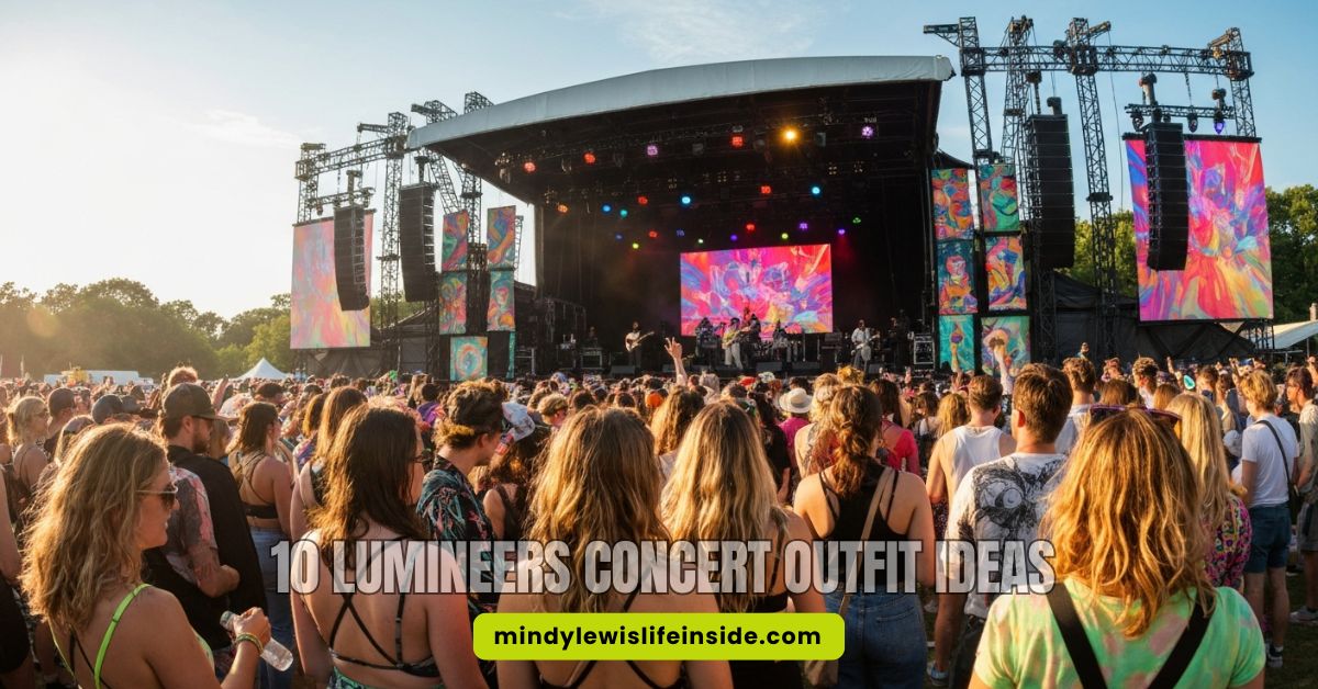 A lively outdoor concert with a band playing on a large stage. The crowd is diverse, enjoying the colorful visuals on screen under a sunny sky.