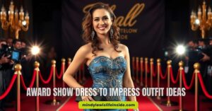 Smiling woman in a blue strapless dress on a red carpet with photographers and chandeliers. Text reads "Award Show Dress to Impress Outfit Ideas." Elegant and glamorous.