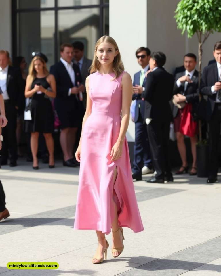 A woman in a pink sleeveless dress and nude heels stands confidently on a sunlit patio. People in formal wear chat in the background, creating a lively atmosphere.