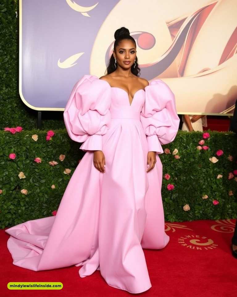 A woman in a voluminous pink gown with dramatic sleeves stands on a red carpet. She's surrounded by lush greenery and flowers, exuding elegance and poise.