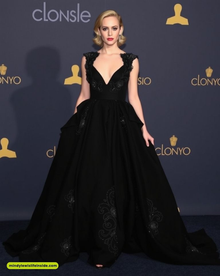 A person in a glamorous black gown with intricate embroidery poses confidently on a dark blue carpet at a formal event, exuding elegance and poise.