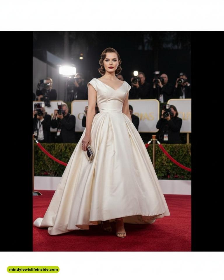 A woman in an elegant white gown walks confidently on a red carpet, surrounded by photographers. The scene conveys glamour and sophistication.