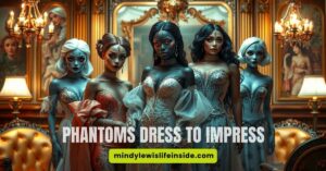 A group of five elegantly dressed women with ghostly blue skin stand in an opulent, gold-accented room. Text reads "Phantoms Dress to Impress."