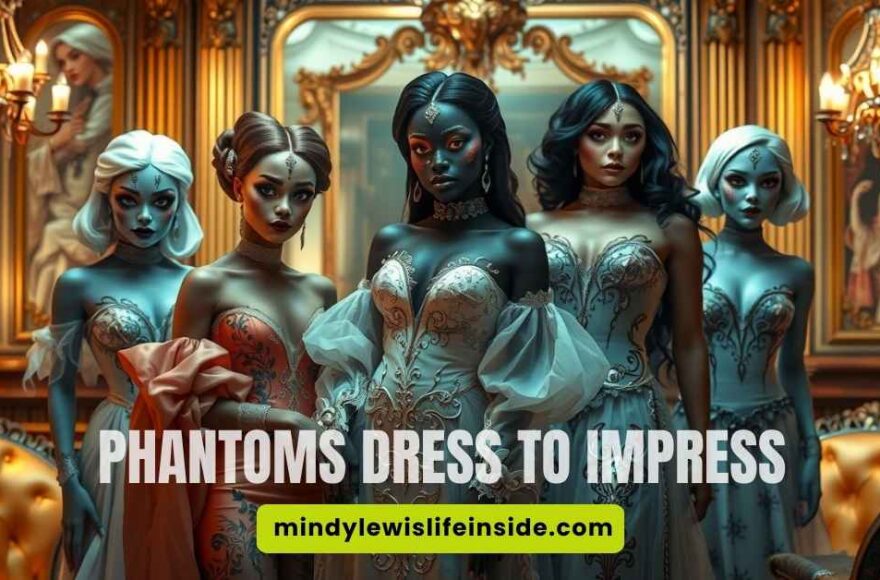 A group of five elegantly dressed women with ghostly blue skin stand in an opulent, gold-accented room. Text reads "Phantoms Dress to Impress."
