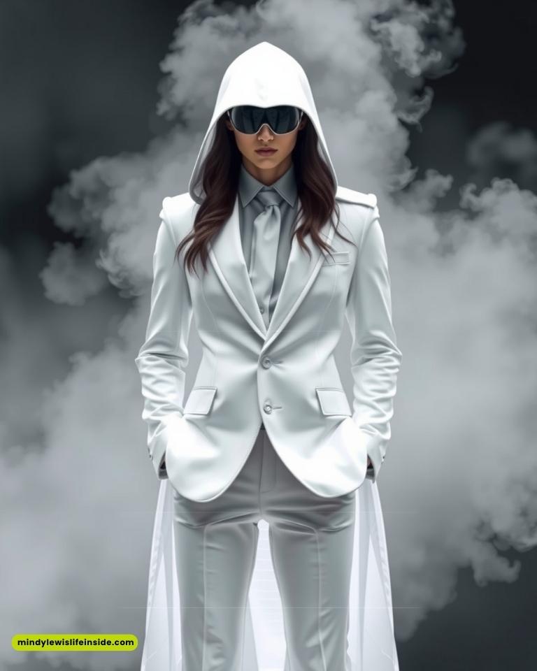 A person stands confidently in a white suit with a hoodie, wearing large sunglasses. They're surrounded by mist, conveying a mysterious, futuristic vibe.