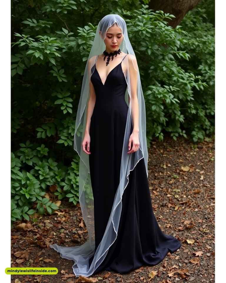 A woman in a black gown with a plunging neckline, adorned with a black necklace, stands outdoors. She wears a sheer veil, surrounded by lush green foliage.