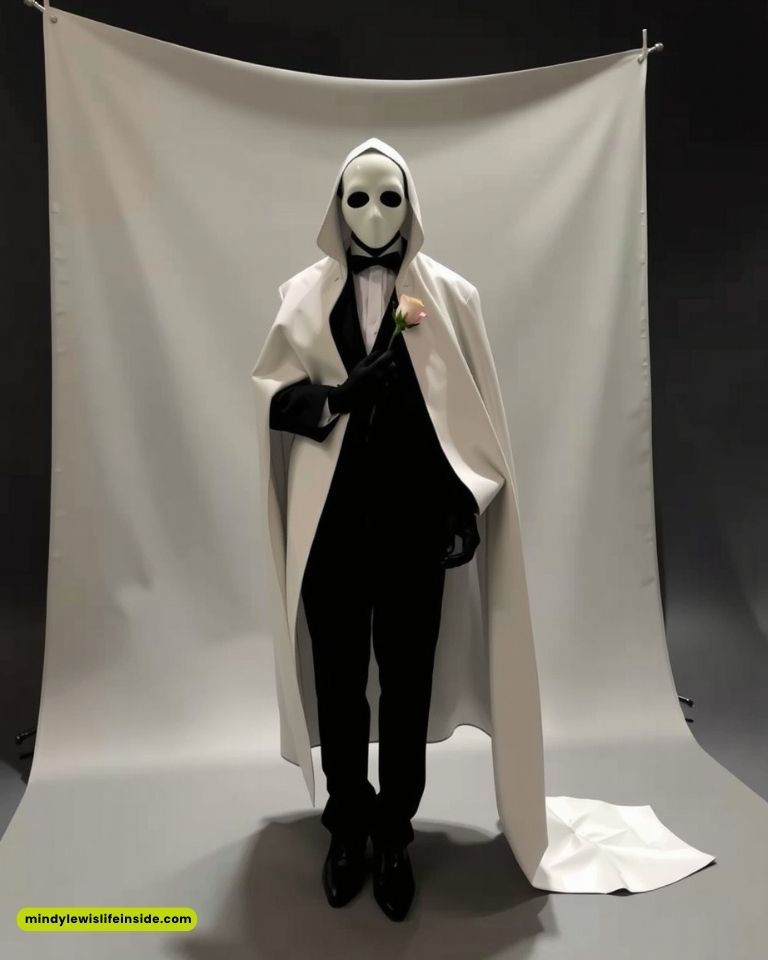 A person in a tuxedo, wearing a white cape and mask, stands solemnly against a plain backdrop, holding a pink rose, creating a mysterious, formal tone.