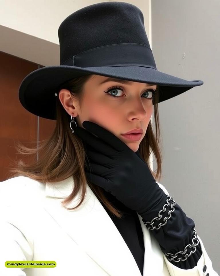 Woman in a white coat and black hat, gazing intently. She wears black gloves with chain detail, adding a touch of elegance and mystery.