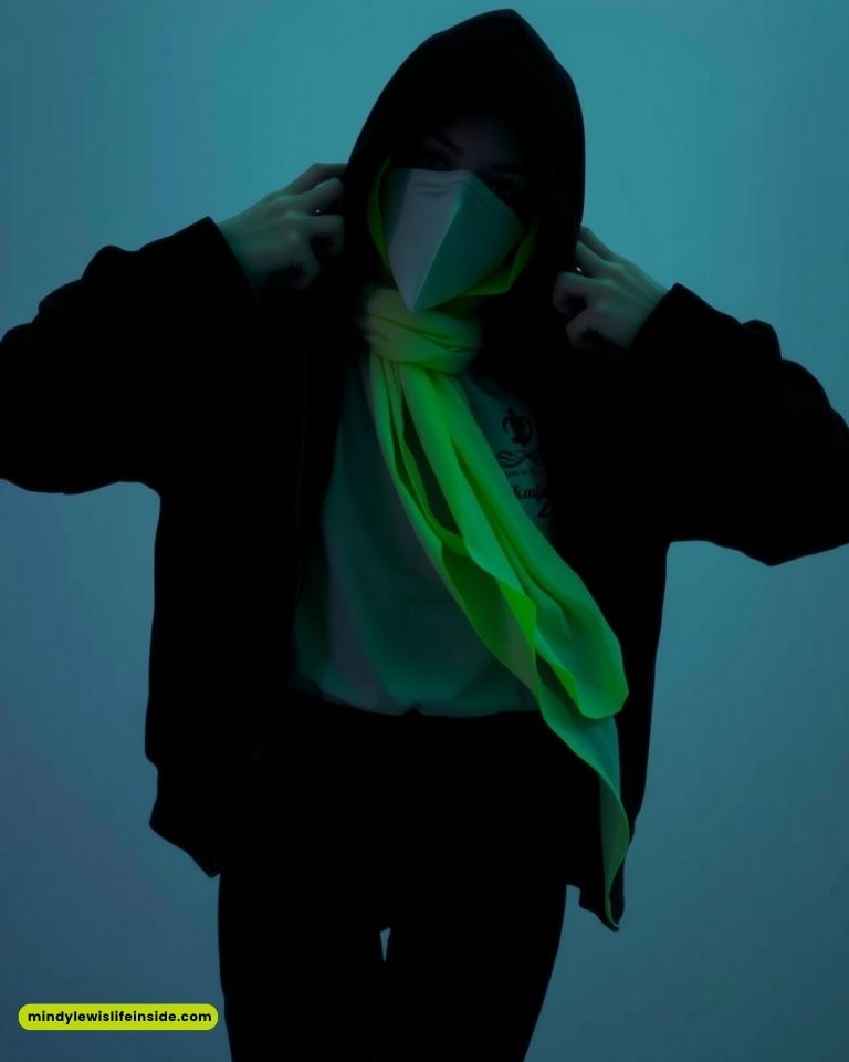 A person wearing a hooded jacket and face mask is silhouetted against a blue background. They adjust a bright green scarf. The scene is mysterious and moody.
