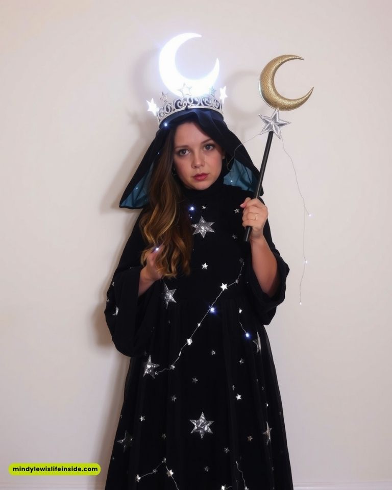 Woman dressed as a celestial sorceress in a starry dress, holding a crescent wand. She wears a glowing crescent crown, evoking a mystical atmosphere.
