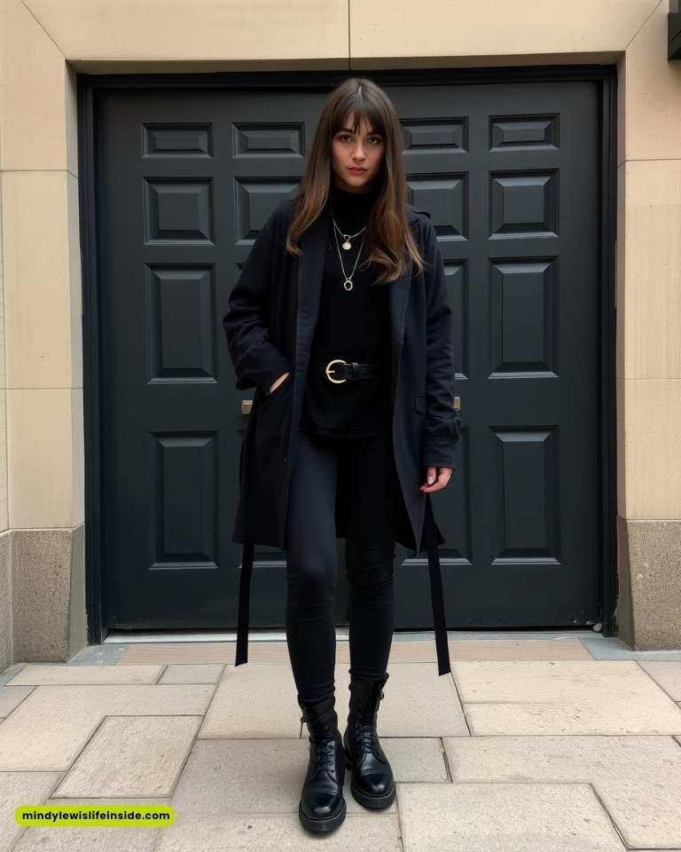 A woman stands in front of a dark paneled door wearing an all-black outfit with a coat, leggings, and boots. She has long hair and a confident expression.