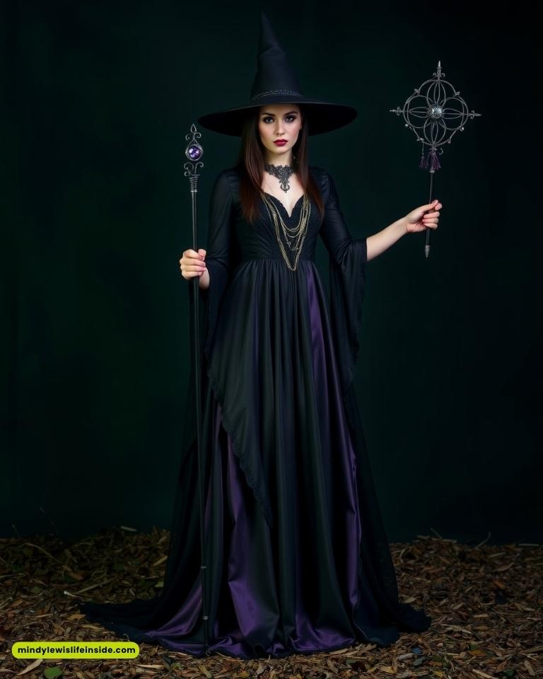 A mysterious witch stands confidently, wearing a black and purple flowing gown, holding two ornate staffs. Her expression is serious against a dark background.