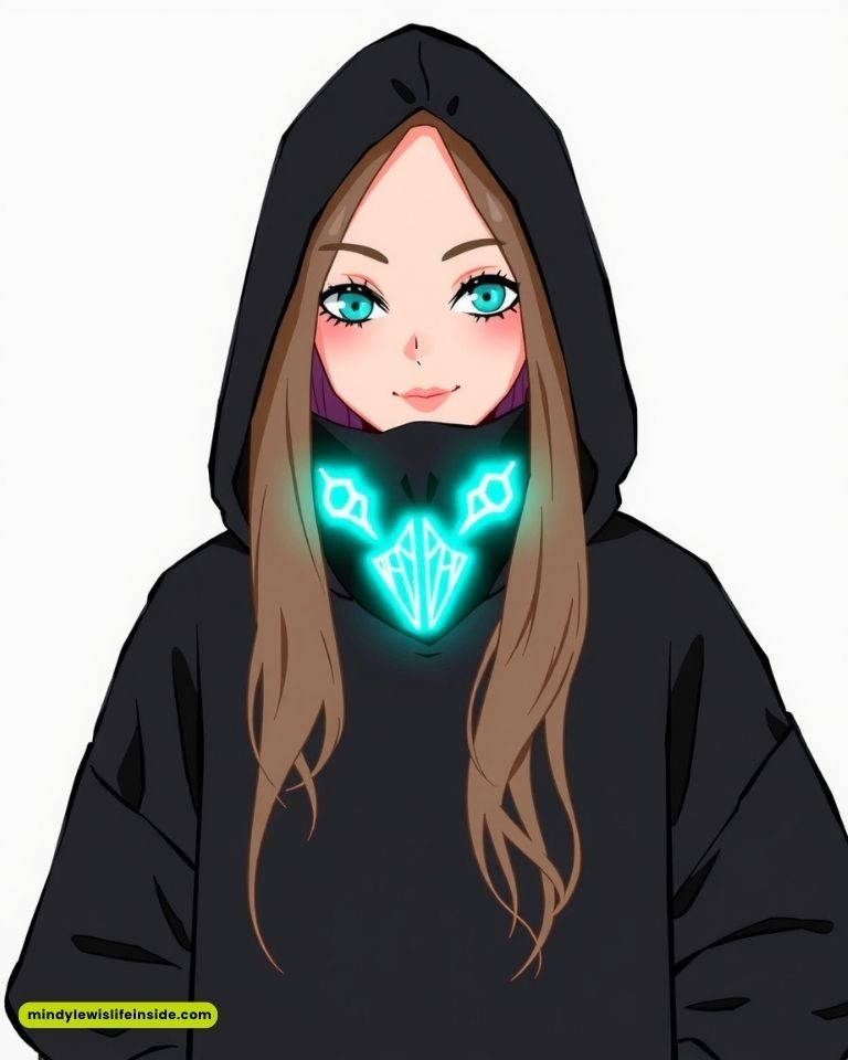 Anime-style character with long brown hair and bright blue eyes, wearing a black hoodie. A glowing blue geometric design adorns the collar. The tone is mysterious.
