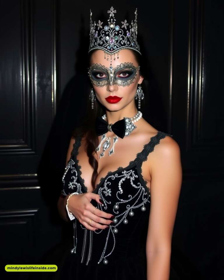 A woman in an ornate black dress and crown poses elegantly. She wears a detailed mask and jewelry, exuding a mysterious, regal aura.
