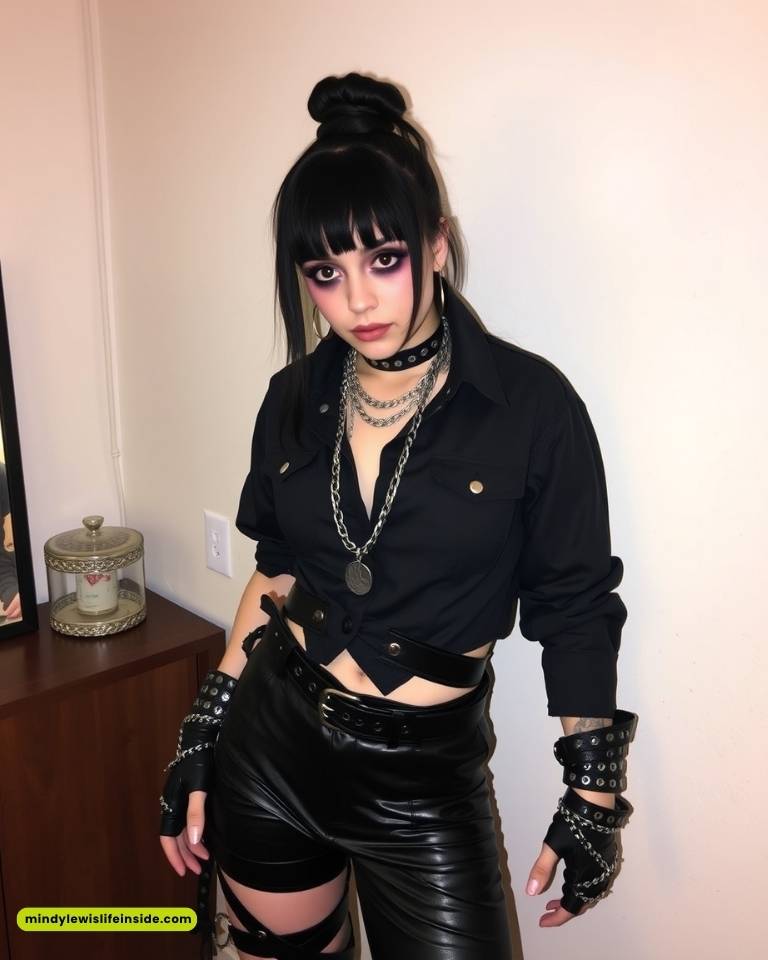 Young woman in edgy, gothic attire with heavy chains, choker, and leather shorts. Dark makeup and intense stare convey a bold, rebellious tone.