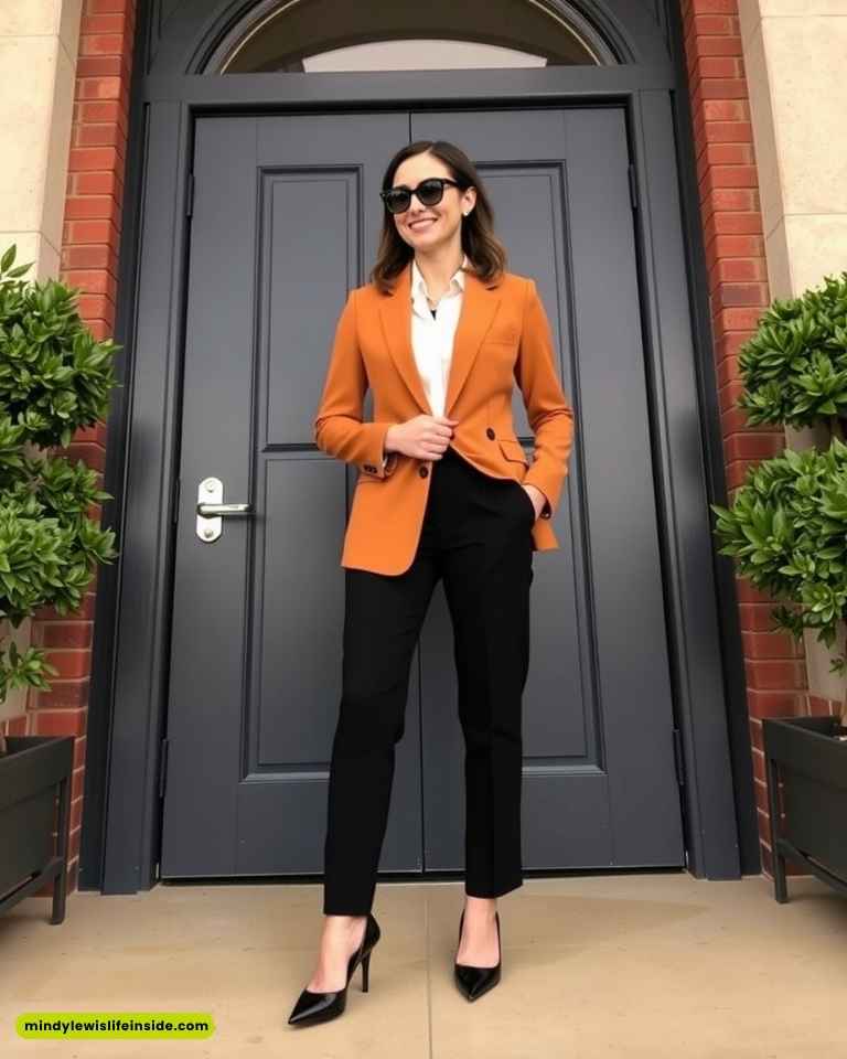 A woman stands confidently in front of a dark gray door, wearing a bright orange blazer, black pants, and sunglasses, evoking a professional and stylish demeanor.