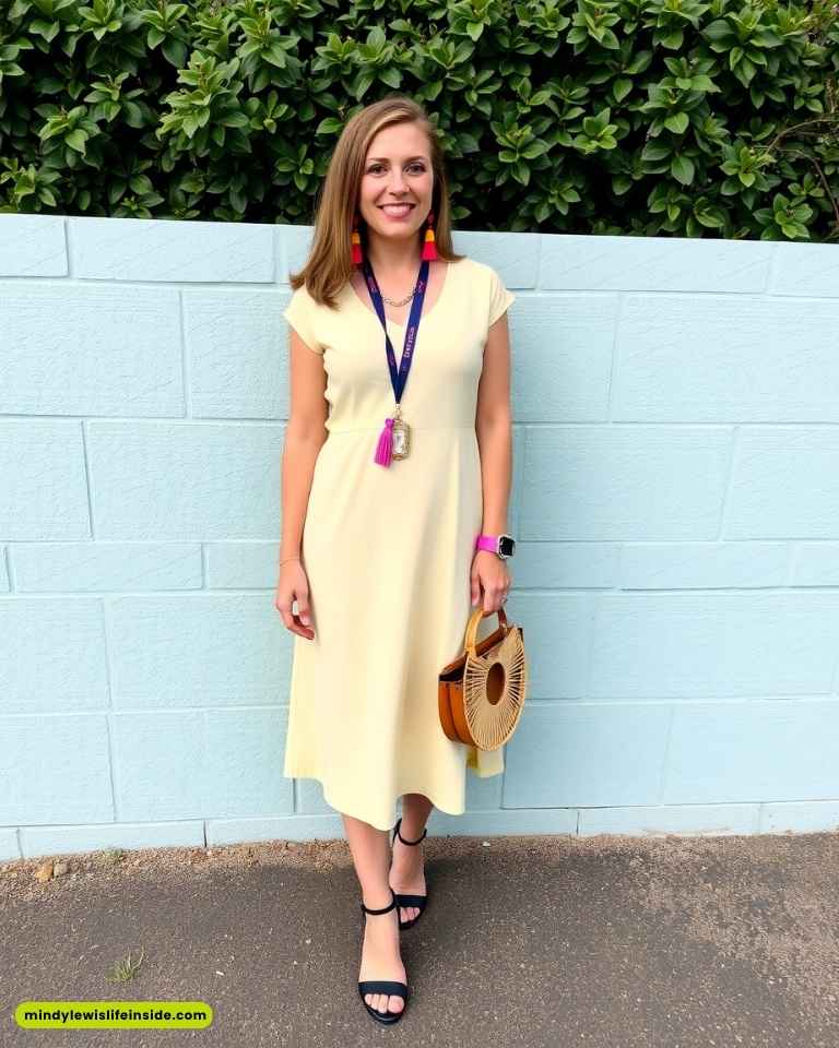 Woman in a yellow dress standing in front of a light blue wall. She holds a wooden handbag, wears black sandals, and has a cheerful expression.