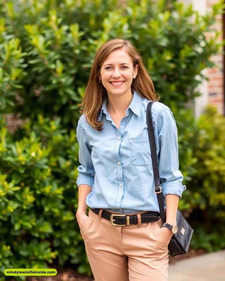 A woman smiling outdoors, wearing a light blue shirt and beige pants, stands with hands in pockets. Green foliage in the background; casual and cheerful tone.