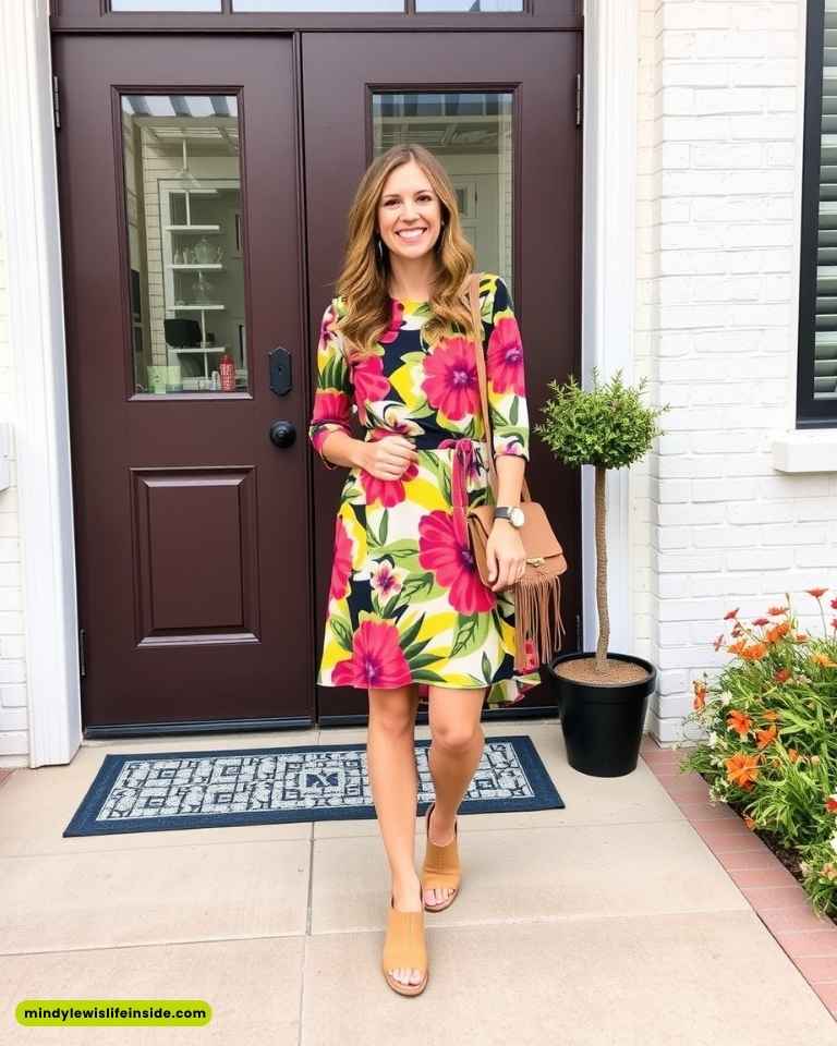 A smiling woman stands in front of a brown door, wearing a bright floral dress and sandals. She carries a fringed bag. There's a pot plant and flowers beside her.