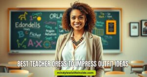 Smiling woman in a blazer and necklace stands in a classroom. Chalkboard with colorful writing is behind her, creating a warm, professional vibe. Text: "BEST TEACHER DRESS TO IMPRESS OUTFIT IDEAS."