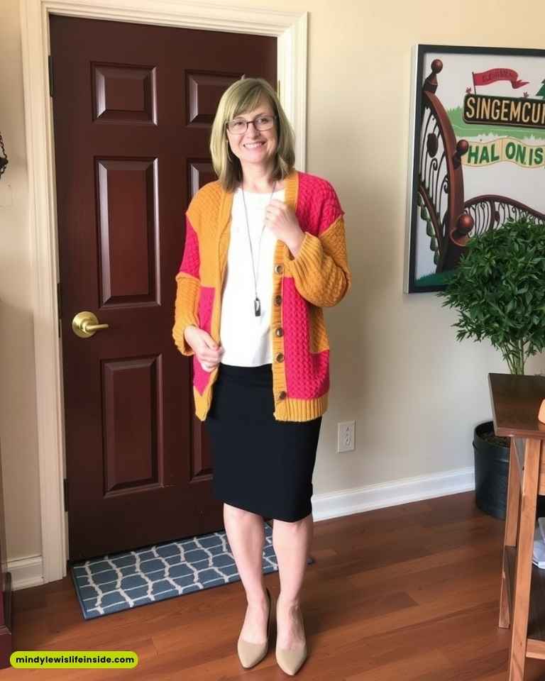 A woman stands smiling indoors in front of a red door. She is wearing glasses, a colorful cardigan, a white top, and a black skirt. The room has wooden flooring and a decorative plant to the side. The atmosphere is warm and cheerful.
