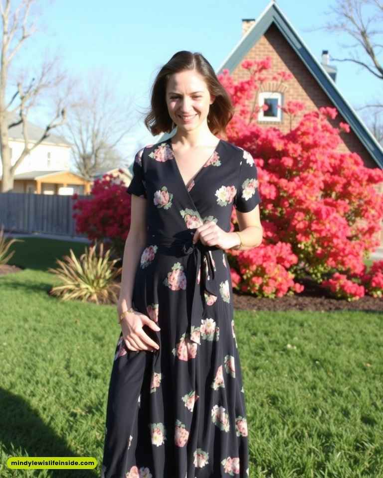 Woman in a floral dress smiles in a garden with bright pink blooming flowers and a house in the background. The scene is bright and cheerful.