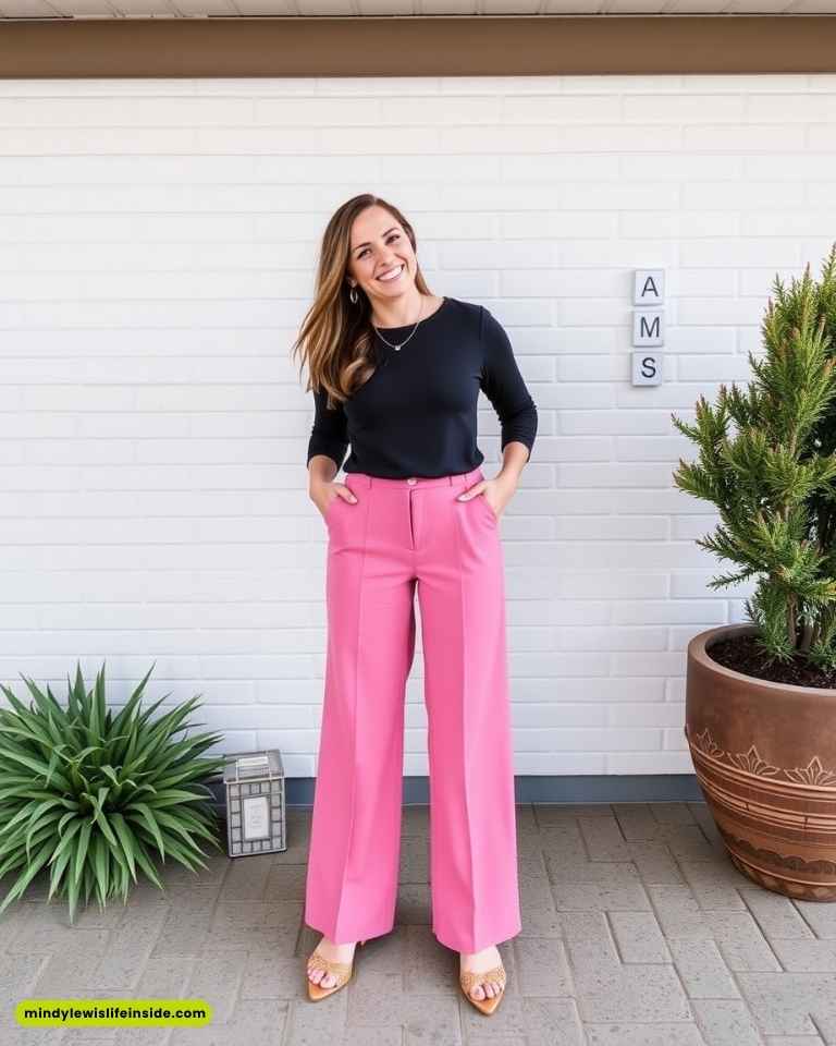 Smiling woman in black top and pink pants stands against a white brick wall, flanked by a small plant and a potted tree, exuding a cheerful vibe.