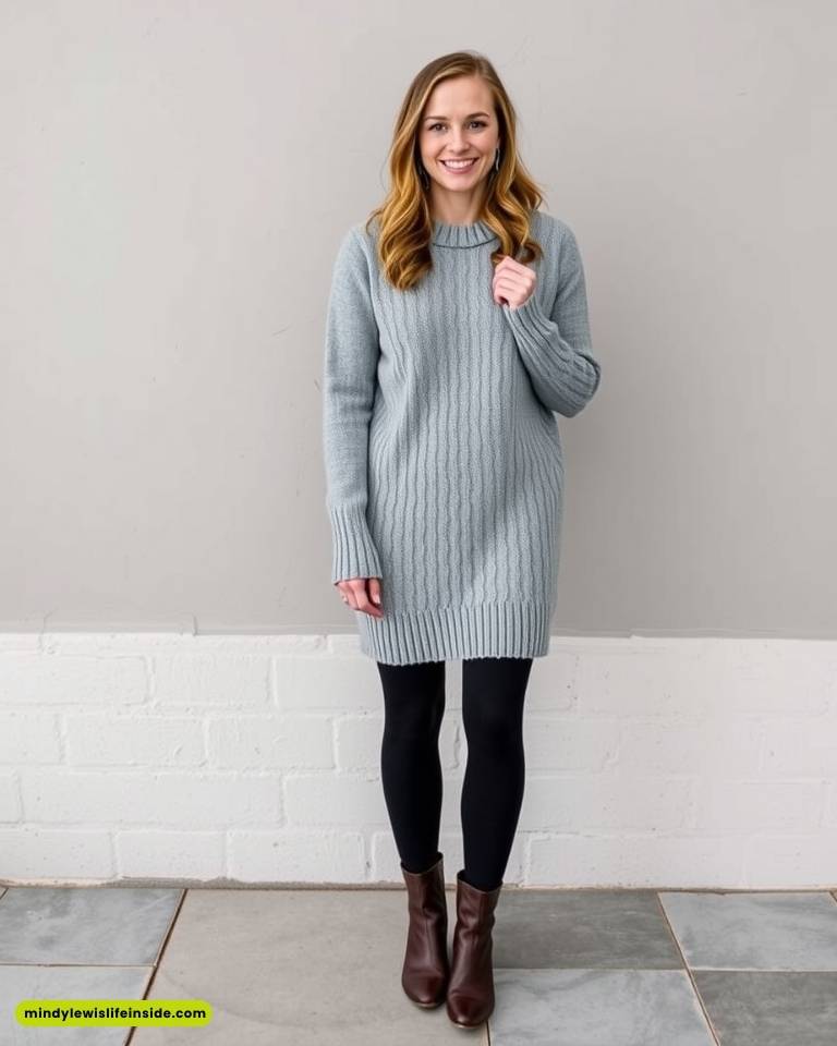 Woman in a light blue knit sweater dress, black leggings, and brown boots stands against a gray wall, smiling warmly. Casual and cozy vibe.