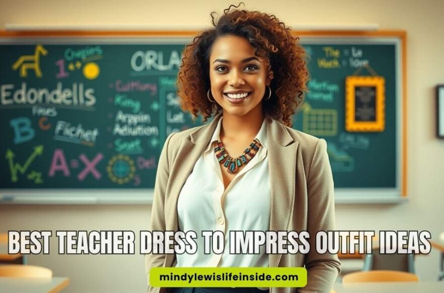 Smiling woman in a blazer and necklace stands in a classroom. Chalkboard with colorful writing is behind her, creating a warm, professional vibe. Text: "BEST TEACHER DRESS TO IMPRESS OUTFIT IDEAS."