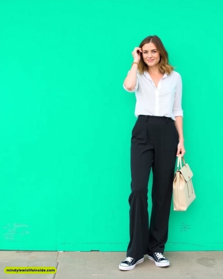 A woman in a white blouse and black pants stands against a vibrant teal background. She's holding a beige handbag and wearing black sneakers, smiling softly.